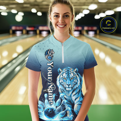 Blue Lightning Geometric Tiger Bowling Polo, Quarter Zip Shirts For Women Custom Bowling Team Jersey TDM7887