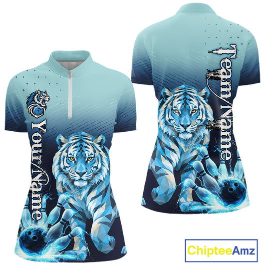 Blue Lightning Geometric Tiger Bowling Polo, Quarter Zip Shirts For Women Custom Bowling Team Jersey TDM7887