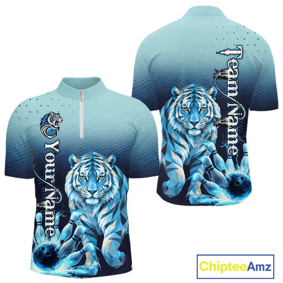 Blue Lightning Geometric Tiger Bowling Polo, Quarter Zip Shirts For Men Custom Bowling Team Jersey TDM7887