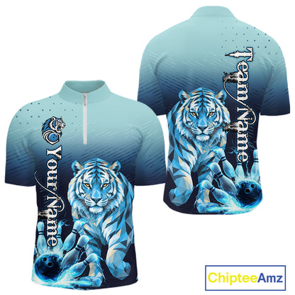 Blue Lightning Geometric Tiger Bowling Polo, Quarter Zip Shirts For Men Custom Bowling Team Jersey TDM7887