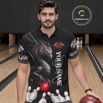 Black And Red Custom Dragon Bowling Polo, 1/4 Zip Shirt For Men, Bowling Team League Jersey TDM7888