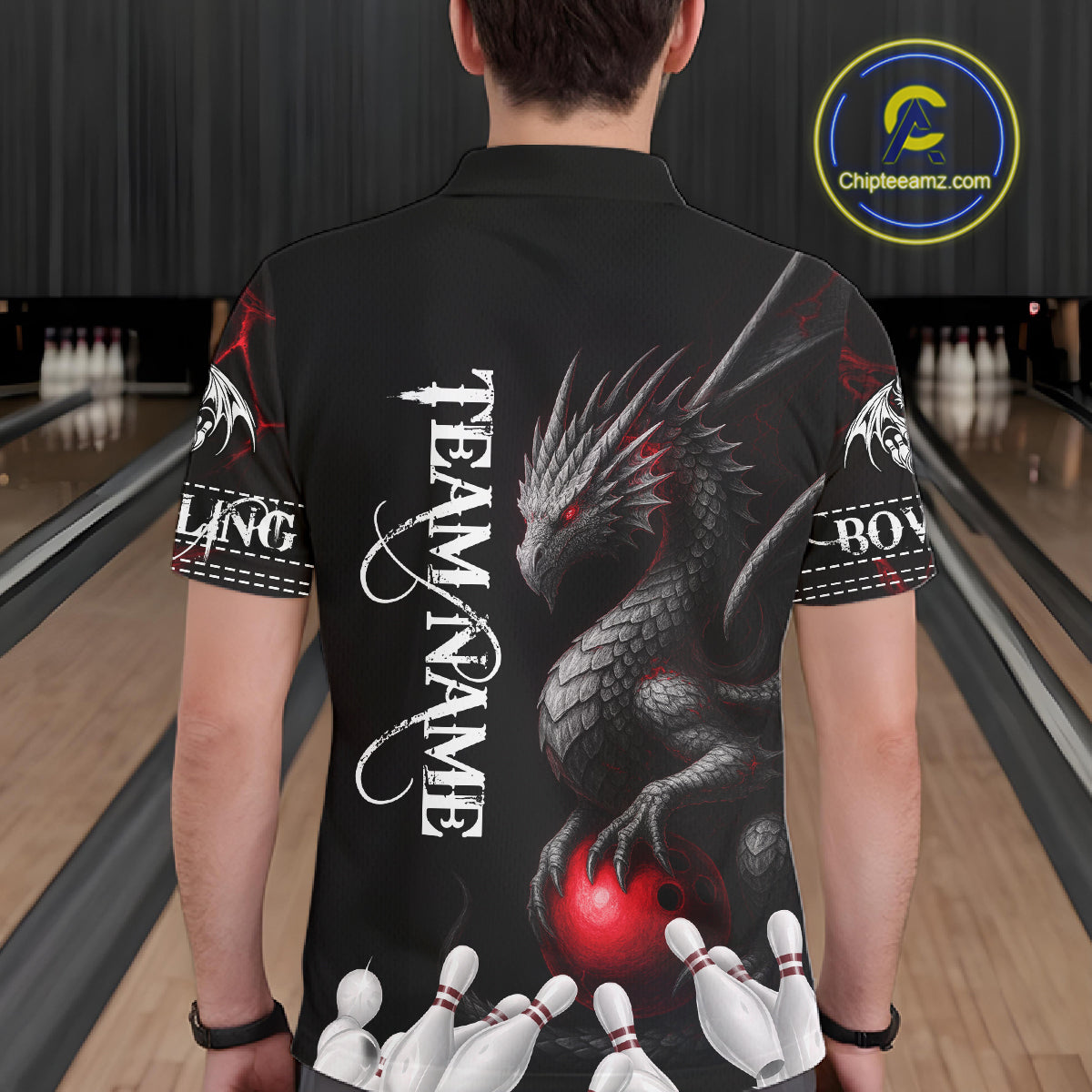 Black And Red Custom Dragon Bowling Polo, 1/4 Zip Shirt For Men, Bowling Team League Jersey TDM7888