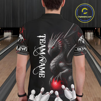 Black And Red Custom Dragon Bowling Polo, 1/4 Zip Shirt For Men, Bowling Team League Jersey TDM7888