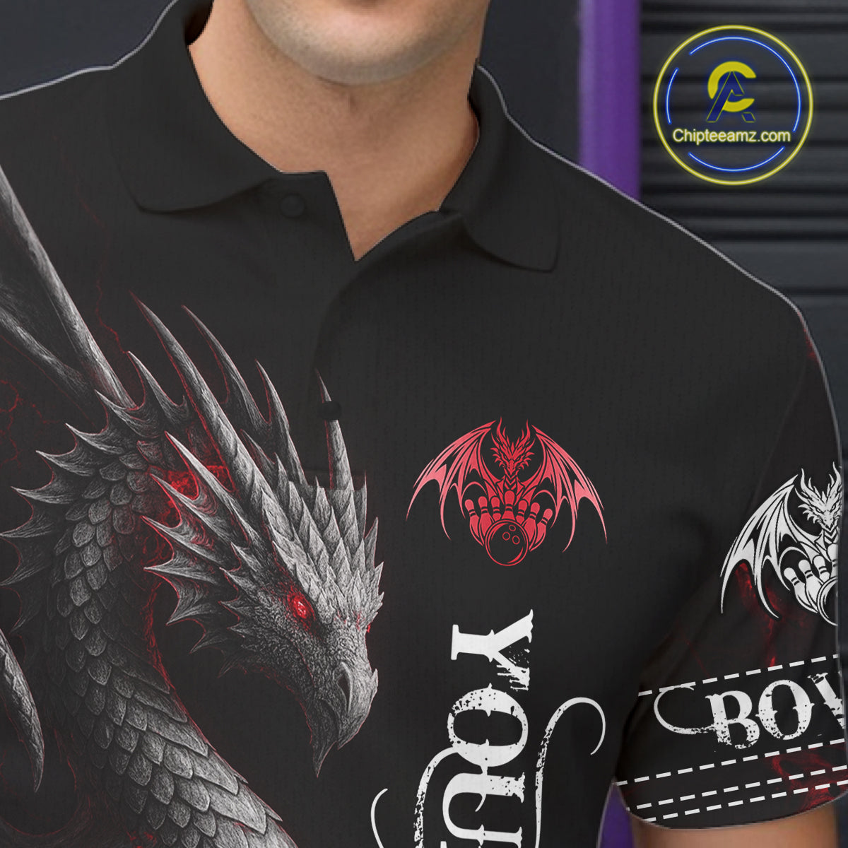 Black And Red Custom Dragon Bowling Polo, 1/4 Zip Shirt For Men, Bowling Team League Jersey TDM7888