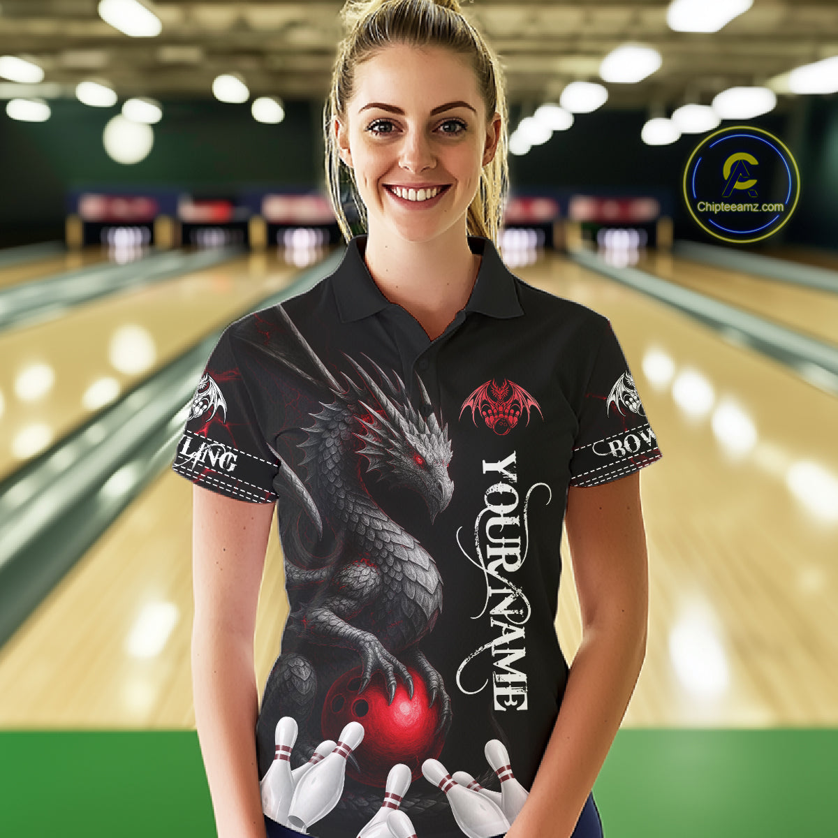 Black And Red Custom Dragon Bowling Polo, 1/4 Zip Shirt For Women, Bowling Team League Jersey TDM7888
