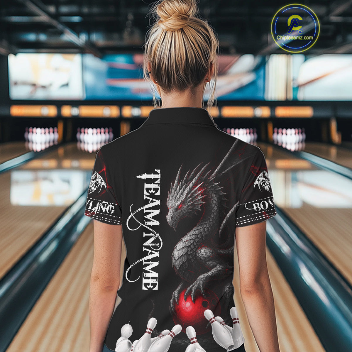 Black And Red Custom Dragon Bowling Polo, 1/4 Zip Shirt For Women, Bowling Team League Jersey TDM7888