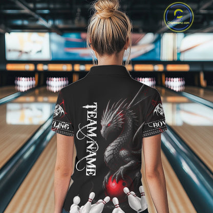 Black And Red Custom Dragon Bowling Polo, 1/4 Zip Shirt For Women, Bowling Team League Jersey TDM7888