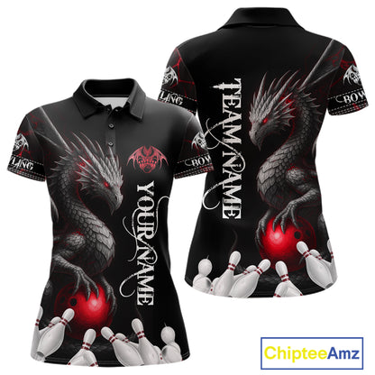 Black And Red Custom Dragon Bowling Polo, 1/4 Zip Shirt For Women, Bowling Team League Jersey TDM7888