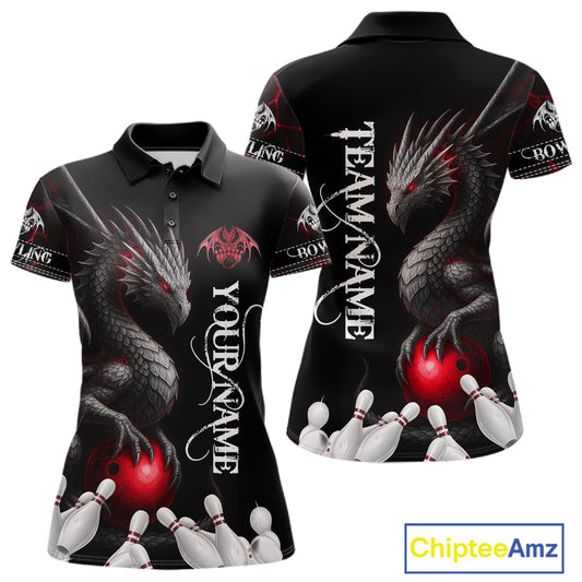 Black And Red Custom Dragon Bowling Polo, 1/4 Zip Shirt For Women, Bowling Team League Jersey TDM7888