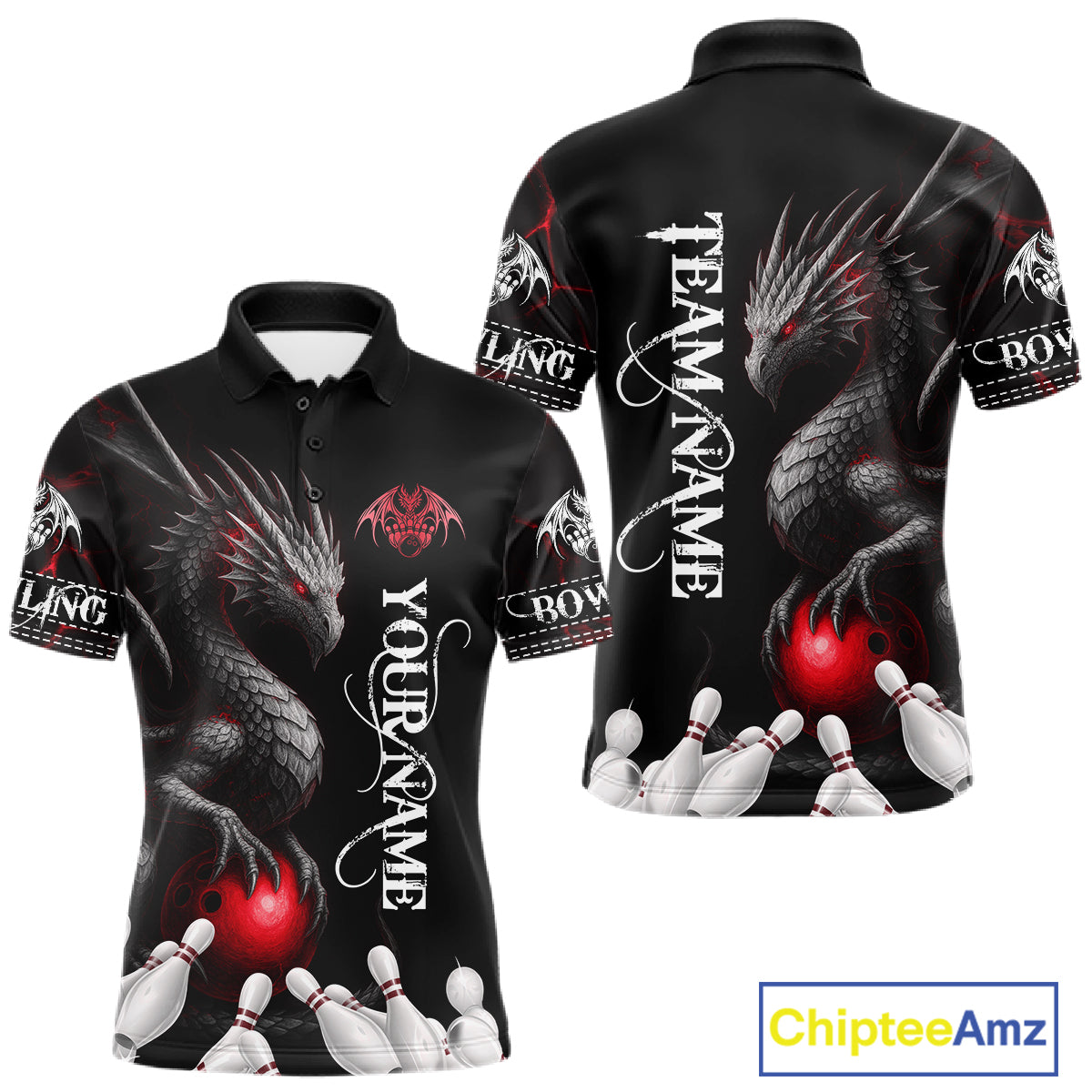 Black And Red Custom Dragon Bowling Polo, 1/4 Zip Shirt For Men, Bowling Team League Jersey TDM7888