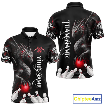 Black And Red Custom Dragon Bowling Polo, 1/4 Zip Shirt For Men, Bowling Team League Jersey TDM7888