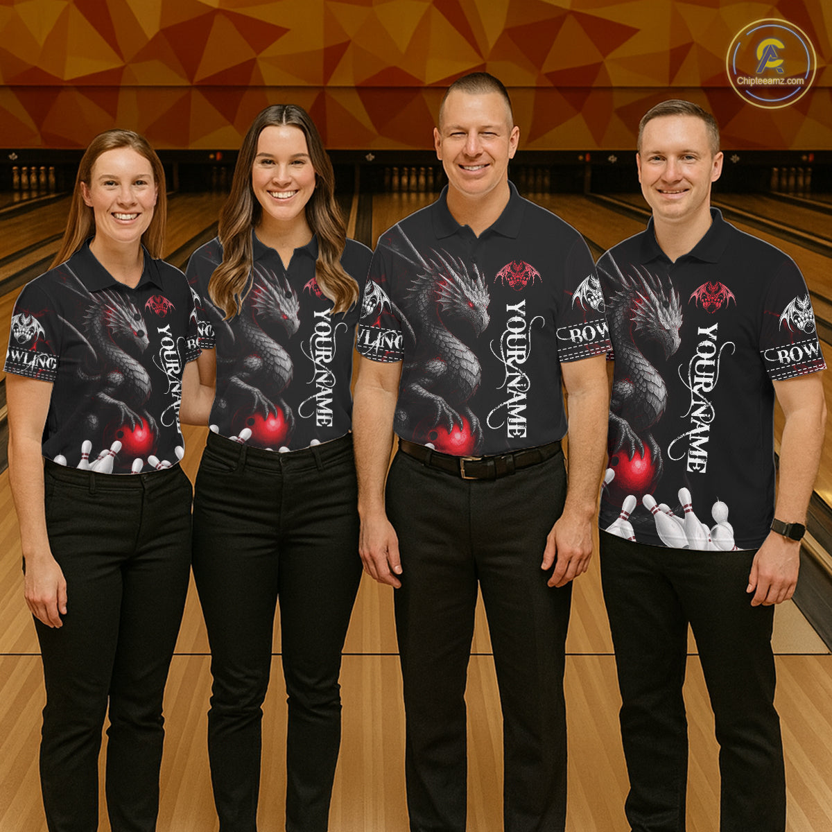 Black And Red Custom Dragon Bowling Polo, 1/4 Zip Shirt For Men, Bowling Team League Jersey TDM7888