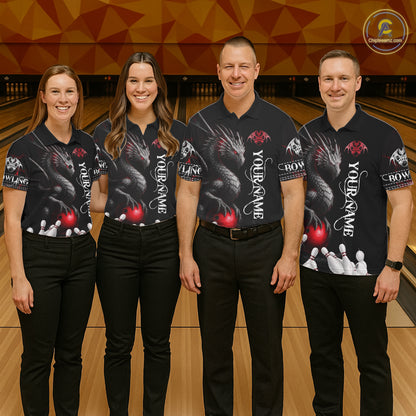 Black And Red Custom Dragon Bowling Polo, 1/4 Zip Shirt For Men, Bowling Team League Jersey TDM7888
