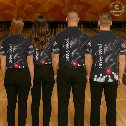 Black And Red Custom Dragon Bowling Polo, 1/4 Zip Shirt For Men, Bowling Team League Jersey TDM7888