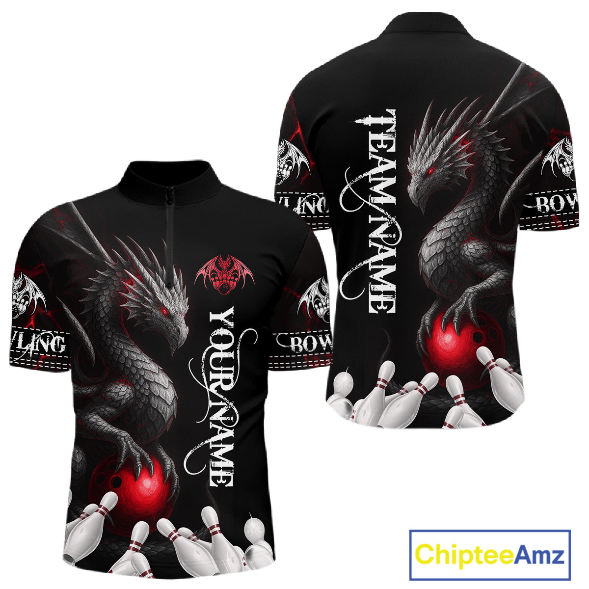Black And Red Custom Dragon Bowling Polo, 1/4 Zip Shirt For Men, Bowling Team League Jersey TDM7888
