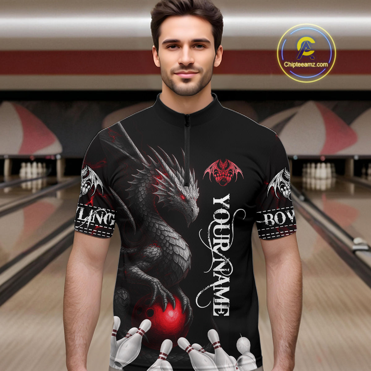 Black And Red Custom Dragon Bowling Polo, 1/4 Zip Shirt For Men, Bowling Team League Jersey TDM7888
