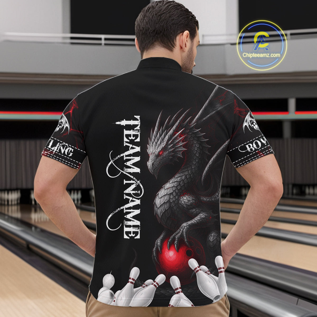 Black And Red Custom Dragon Bowling Polo, 1/4 Zip Shirt For Men, Bowling Team League Jersey TDM7888