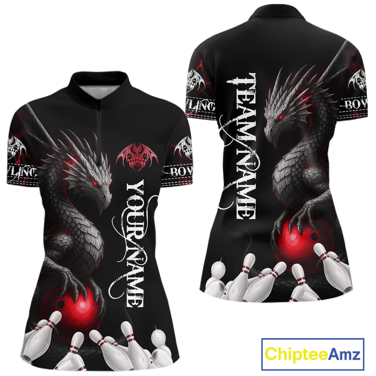 Black And Red Custom Dragon Bowling Polo, 1/4 Zip Shirt For Women, Bowling Team League Jersey TDM7888