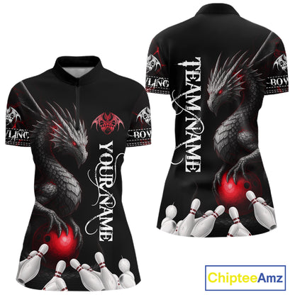 Black And Red Custom Dragon Bowling Polo, 1/4 Zip Shirt For Women, Bowling Team League Jersey TDM7888