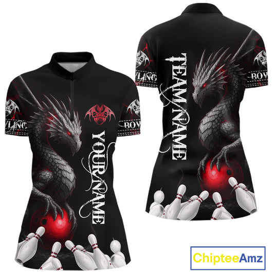 Black And Red Custom Dragon Bowling Polo, 1/4 Zip Shirt For Women, Bowling Team League Jersey TDM7888