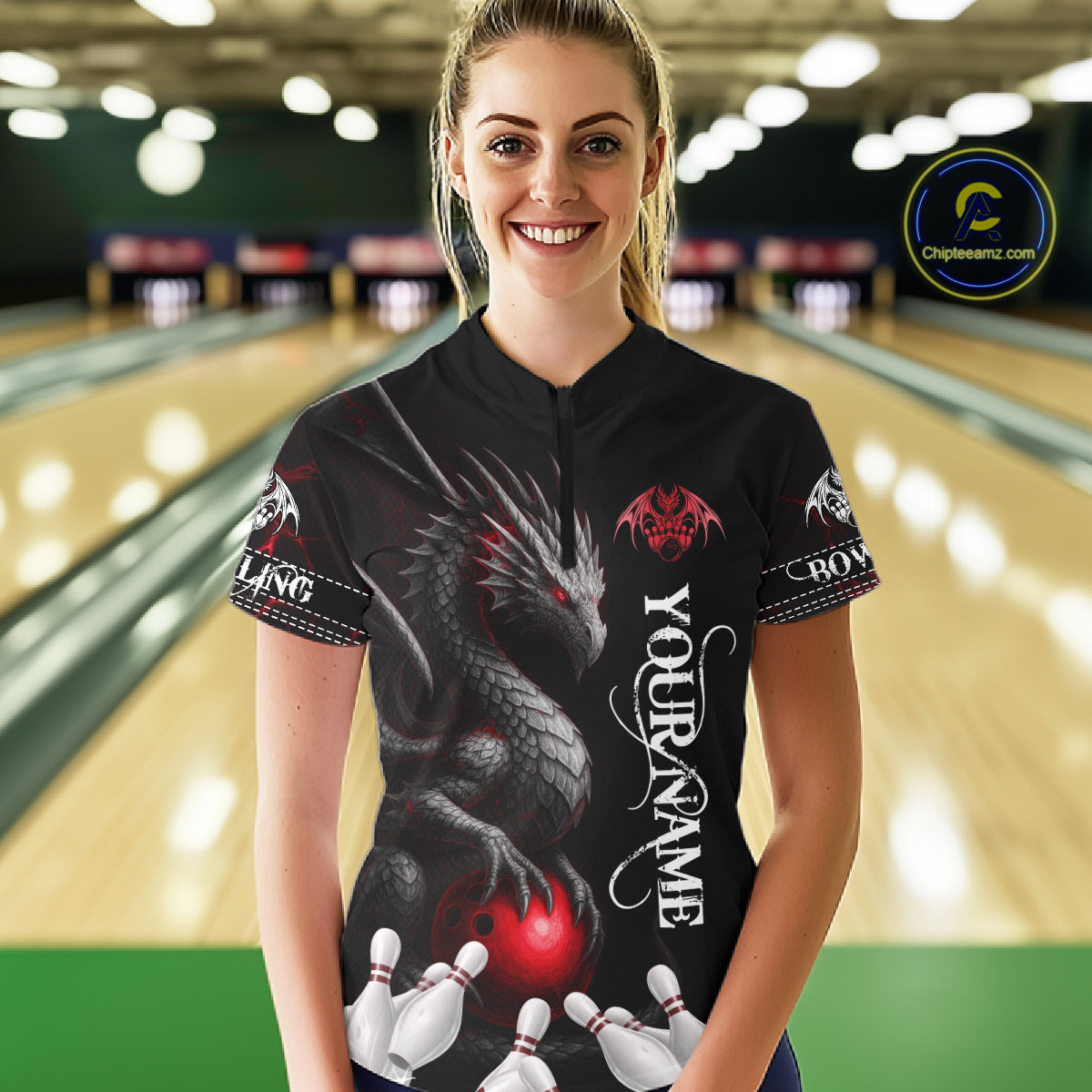 Black And Red Custom Dragon Bowling Polo, 1/4 Zip Shirt For Women, Bowling Team League Jersey TDM7888