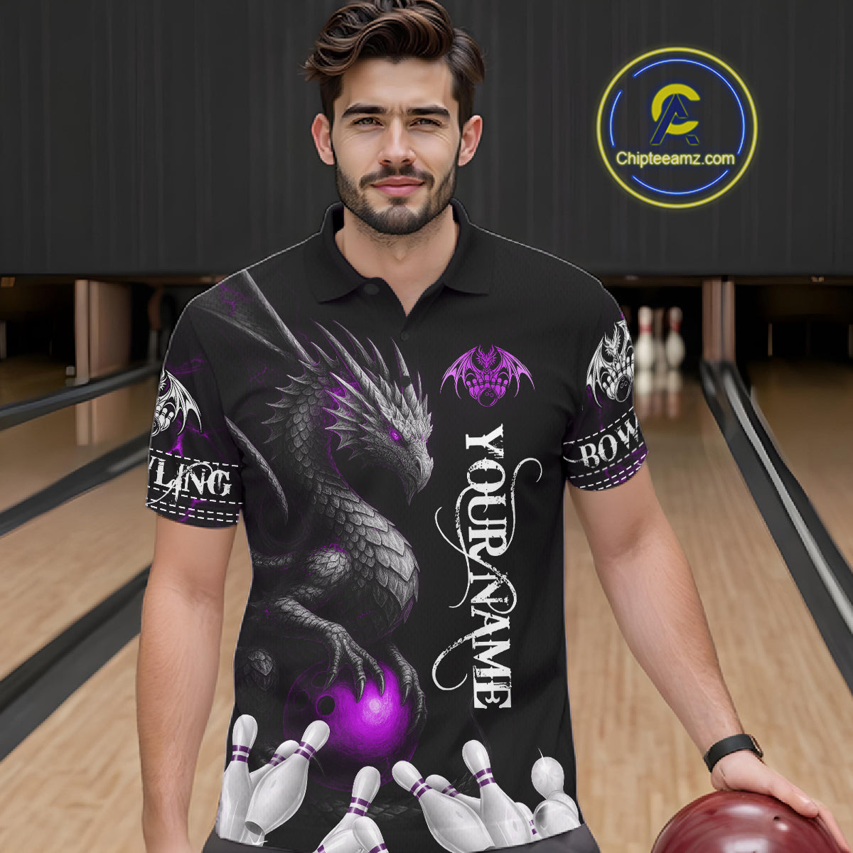 Black And Purple Custom Dragon Bowling Polo, 1/4 Zip Shirt For Men, Bowling Team League Jersey TDM7889
