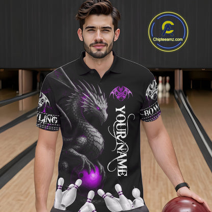 Black And Purple Custom Dragon Bowling Polo, 1/4 Zip Shirt For Men, Bowling Team League Jersey TDM7889