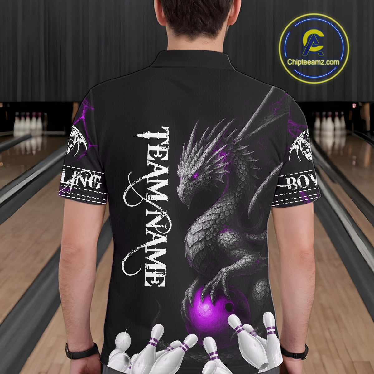 Black And Purple Custom Dragon Bowling Polo, 1/4 Zip Shirt For Men, Bowling Team League Jersey TDM7889