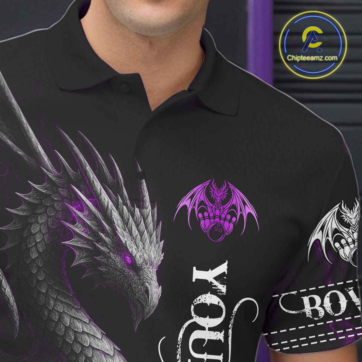 Black And Purple Custom Dragon Bowling Polo, 1/4 Zip Shirt For Men, Bowling Team League Jersey TDM7889