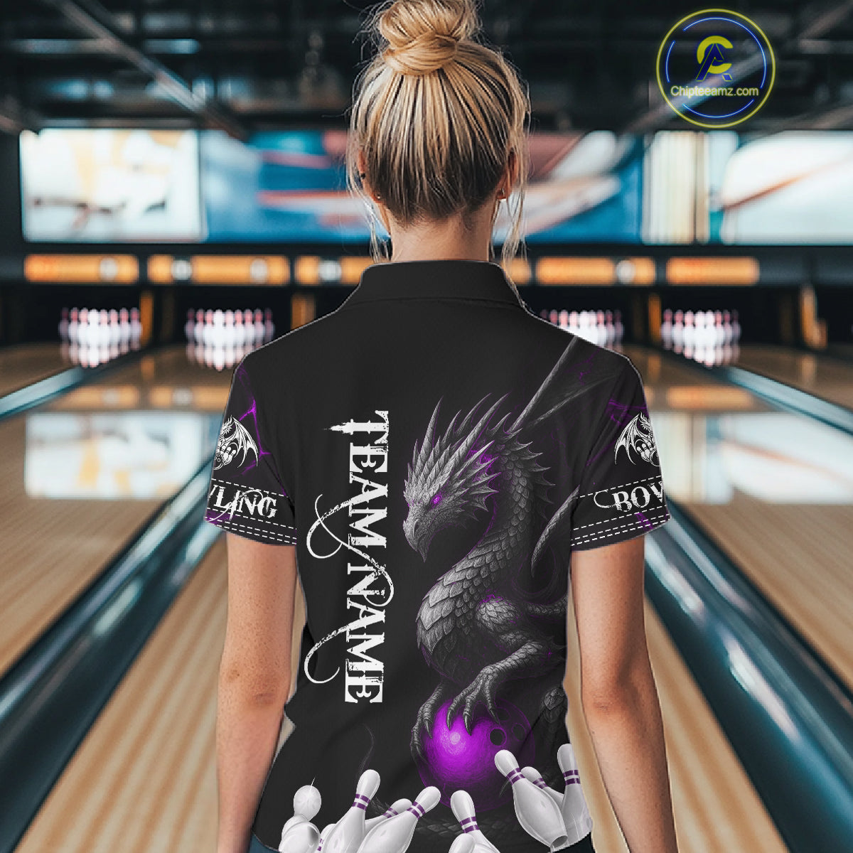 Black And Purple Custom Dragon Bowling Polo, 1/4 Zip Shirt For Women, Bowling Team League Jersey TDM7889