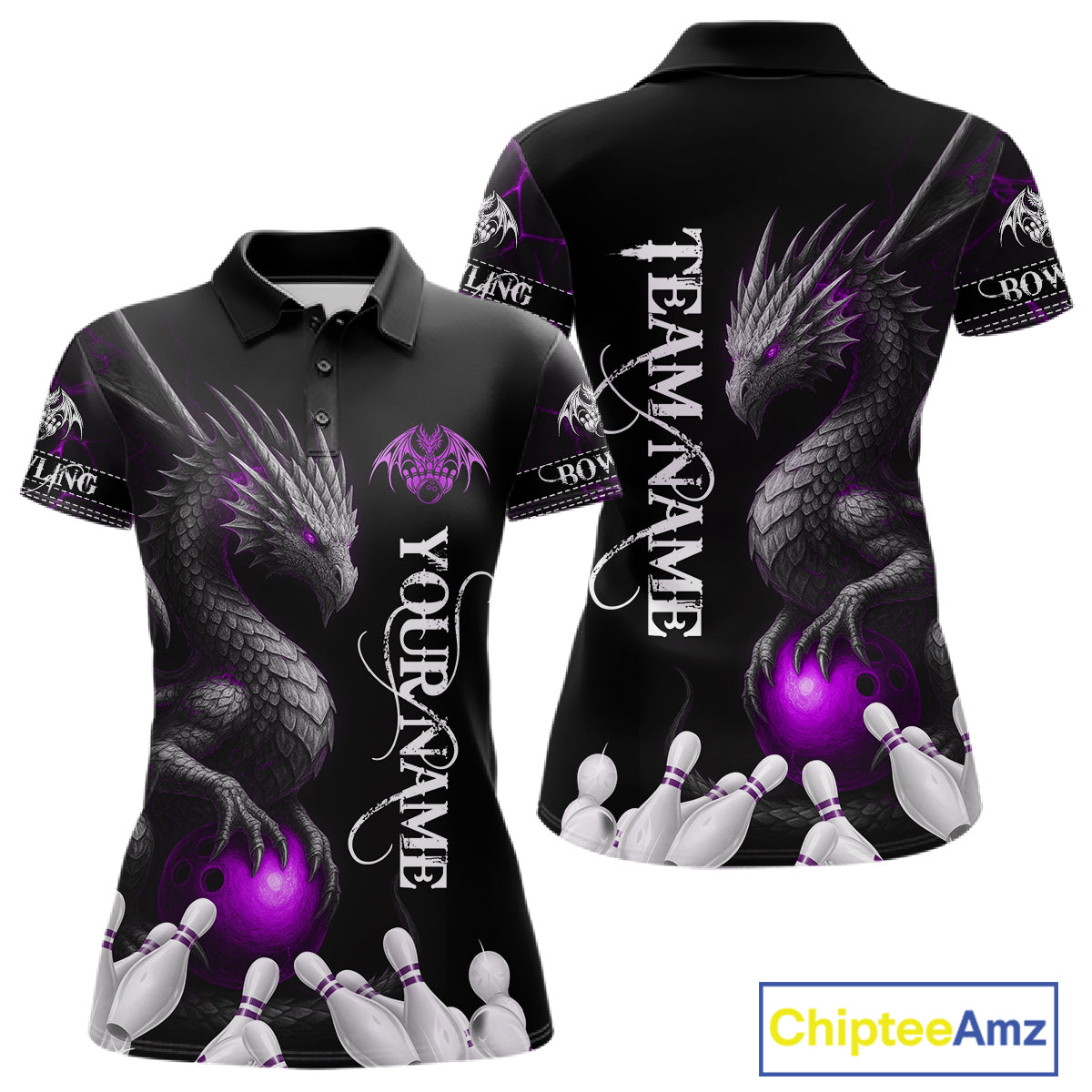 Black And Purple Custom Dragon Bowling Polo, 1/4 Zip Shirt For Women, Bowling Team League Jersey TDM7889