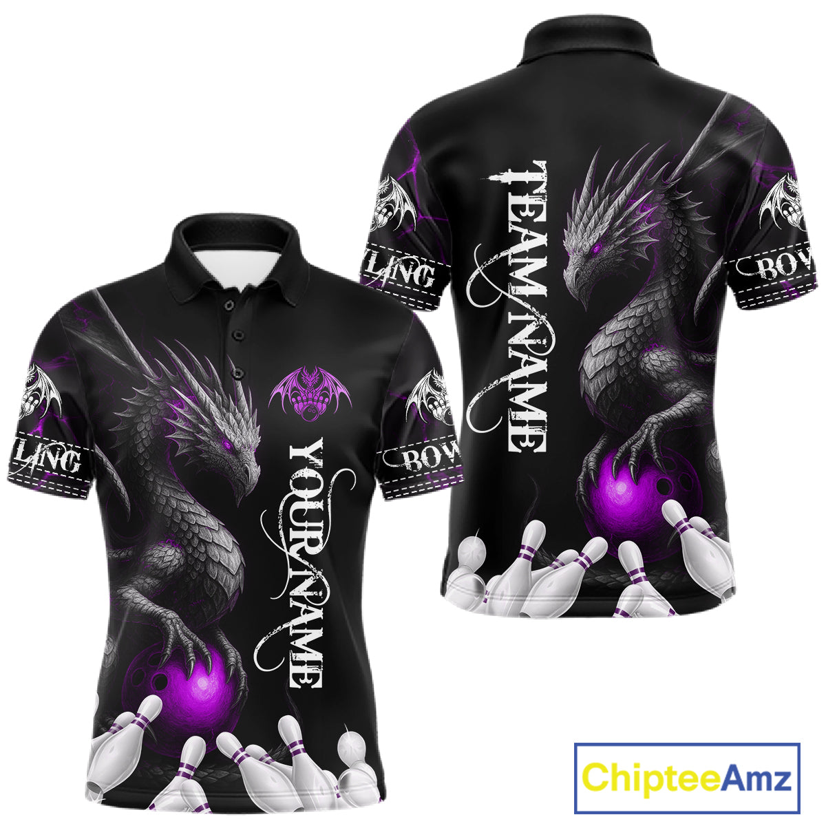 Black And Purple Custom Dragon Bowling Polo, 1/4 Zip Shirt For Men, Bowling Team League Jersey TDM7889