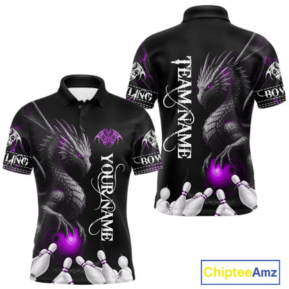Black And Purple Custom Dragon Bowling Polo, 1/4 Zip Shirt For Men, Bowling Team League Jersey TDM7889