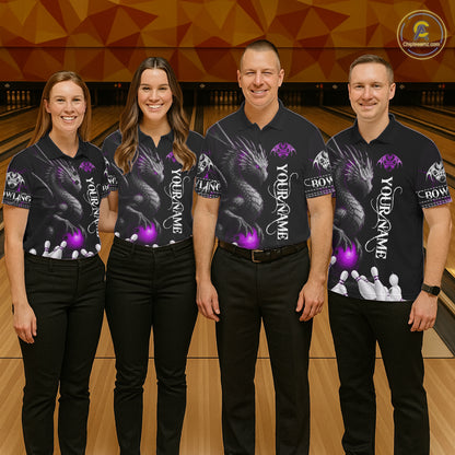 Black And Purple Custom Dragon Bowling Polo, 1/4 Zip Shirt For Men, Bowling Team League Jersey TDM7889