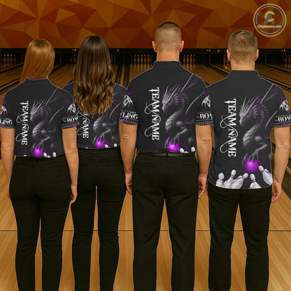 Black And Purple Custom Dragon Bowling Polo, 1/4 Zip Shirt For Men, Bowling Team League Jersey TDM7889