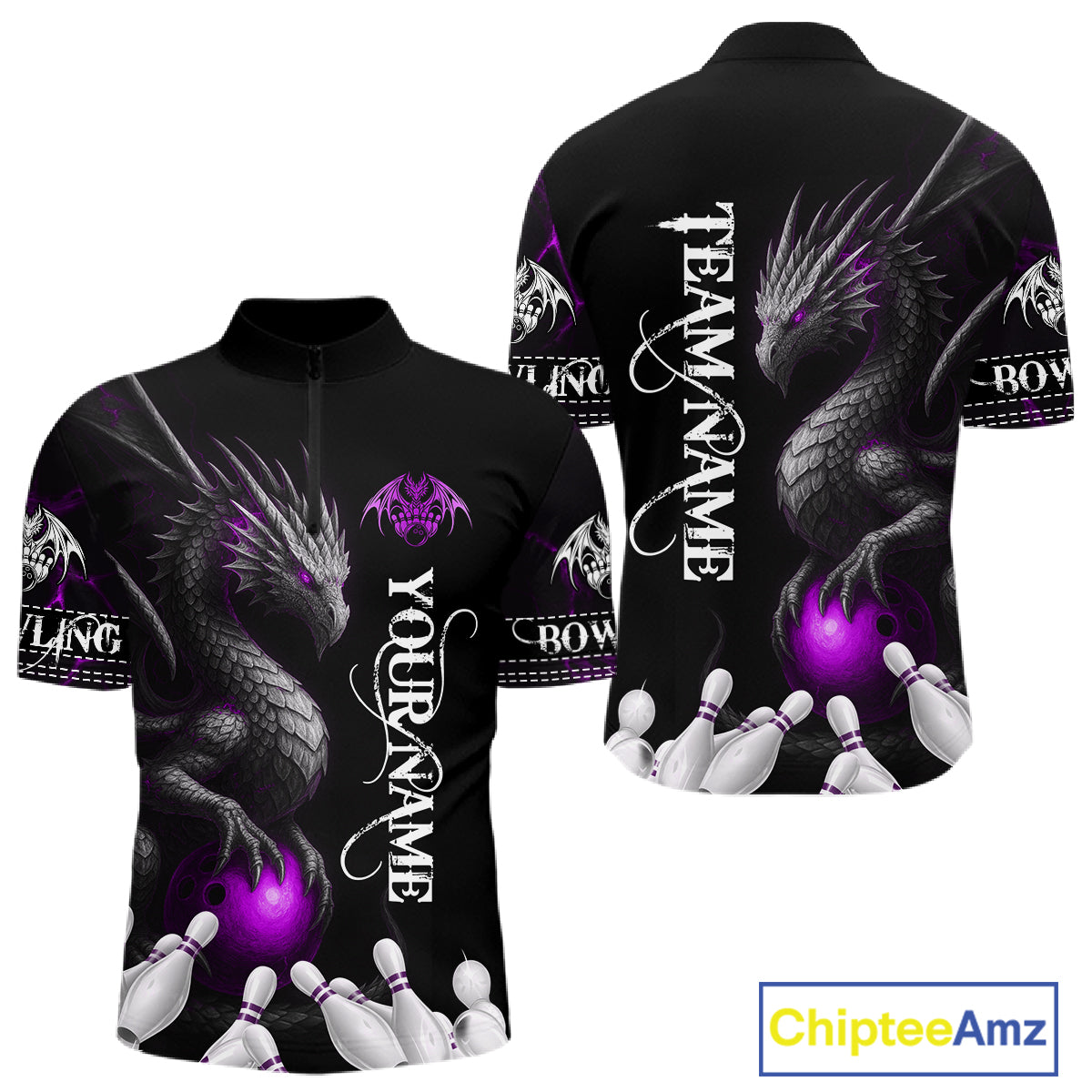 Black And Purple Custom Dragon Bowling Polo, 1/4 Zip Shirt For Men, Bowling Team League Jersey TDM7889