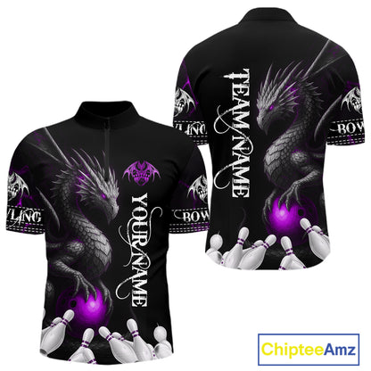 Black And Purple Custom Dragon Bowling Polo, 1/4 Zip Shirt For Men, Bowling Team League Jersey TDM7889