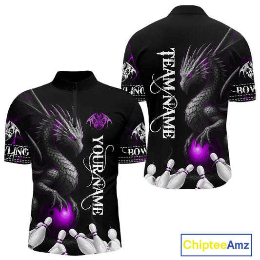 Black And Purple Custom Dragon Bowling Polo, 1/4 Zip Shirt For Men, Bowling Team League Jersey TDM7889