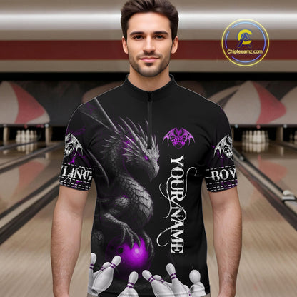 Black And Purple Custom Dragon Bowling Polo, 1/4 Zip Shirt For Men, Bowling Team League Jersey TDM7889