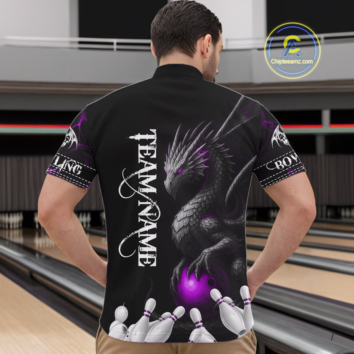 Black And Purple Custom Dragon Bowling Polo, 1/4 Zip Shirt For Men, Bowling Team League Jersey TDM7889