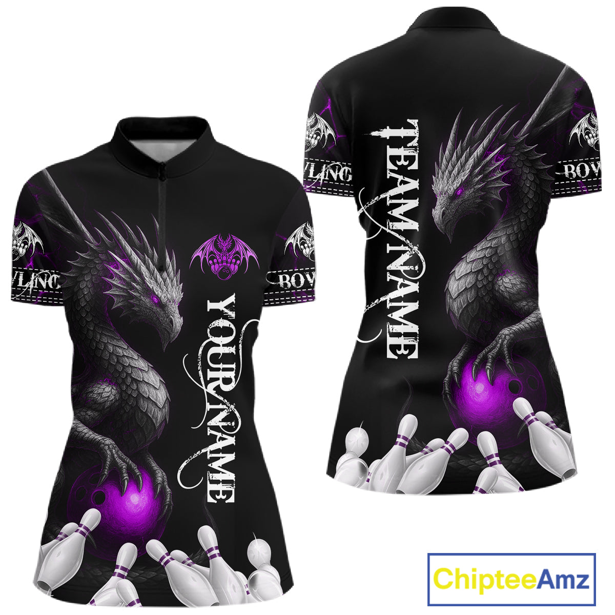 Black And Purple Custom Dragon Bowling Polo, 1/4 Zip Shirt For Women, Bowling Team League Jersey TDM7889