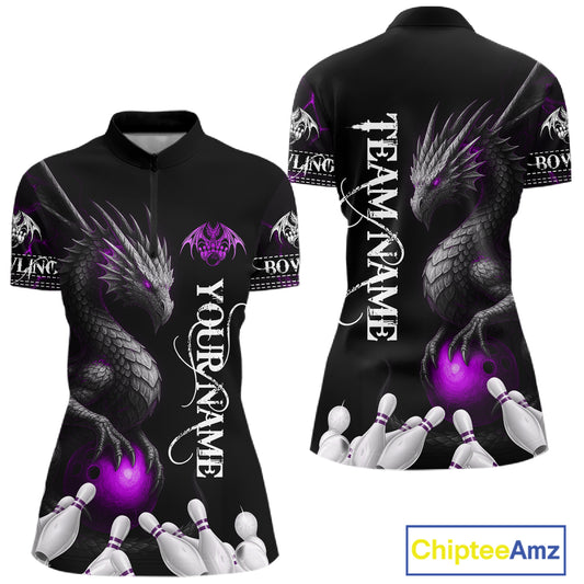 Black And Purple Custom Dragon Bowling Polo, 1/4 Zip Shirt For Women, Bowling Team League Jersey TDM7889