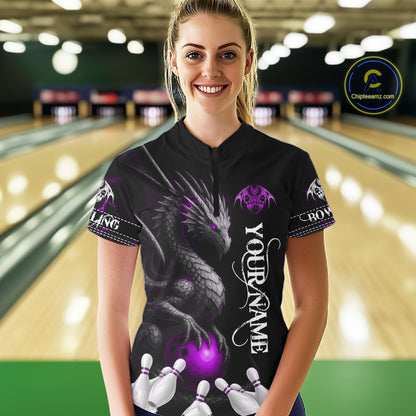 Black And Purple Custom Dragon Bowling Polo, 1/4 Zip Shirt For Women, Bowling Team League Jersey TDM7889