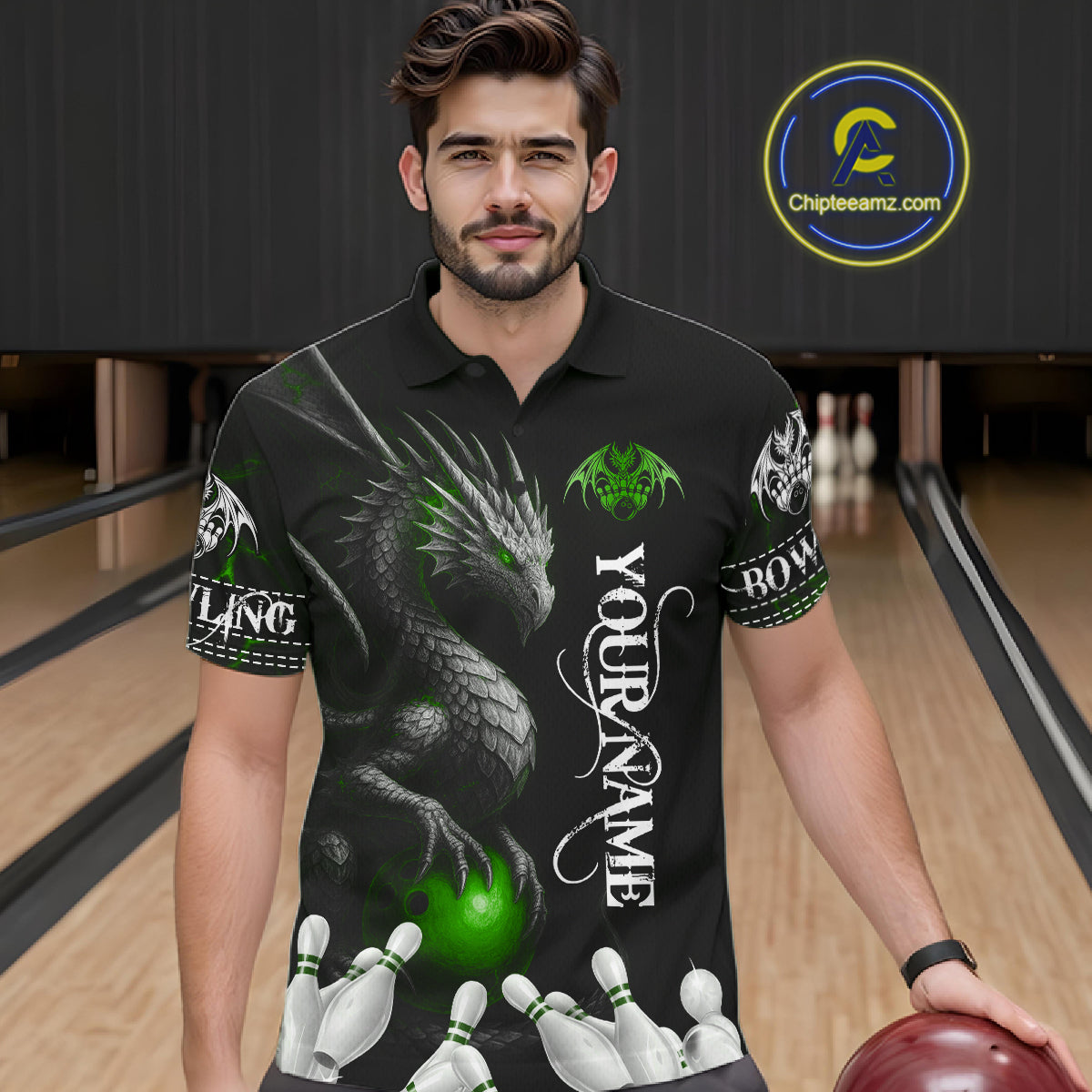 Black And Green Custom Dragon Bowling Polo, 1/4 Zip Shirt For Men, Bowling Team League Jersey TDM7890