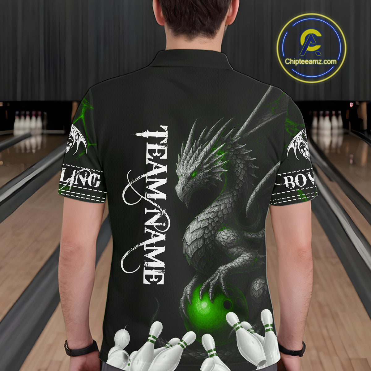 Black And Green Custom Dragon Bowling Polo, 1/4 Zip Shirt For Men, Bowling Team League Jersey TDM7890