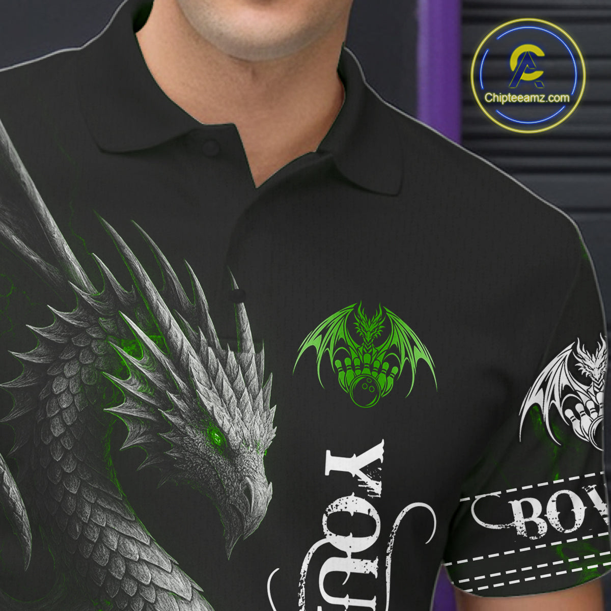 Black And Green Custom Dragon Bowling Polo, 1/4 Zip Shirt For Men, Bowling Team League Jersey TDM7890