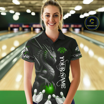 Black And Green Custom Dragon Bowling Polo, Quarter Zip Shirt For Women, Bowling Team League Jersey TDM7890