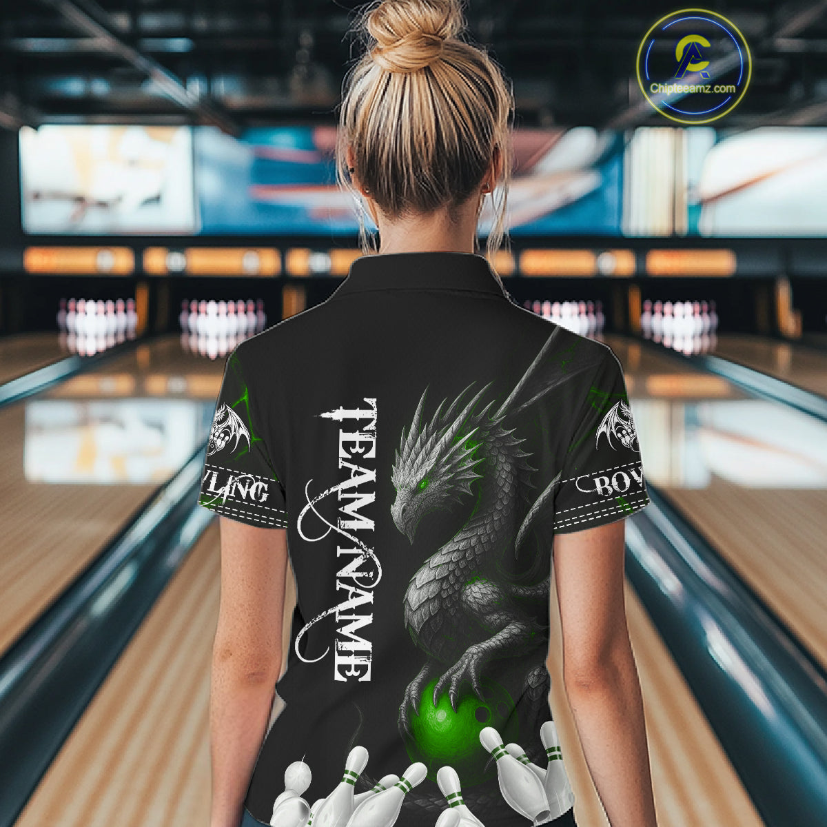 Black And Green Custom Dragon Bowling Polo, Quarter Zip Shirt For Women, Bowling Team League Jersey TDM7890