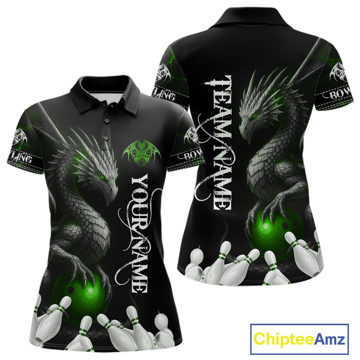 Black And Green Custom Dragon Bowling Polo, Quarter Zip Shirt For Women, Bowling Team League Jersey TDM7890