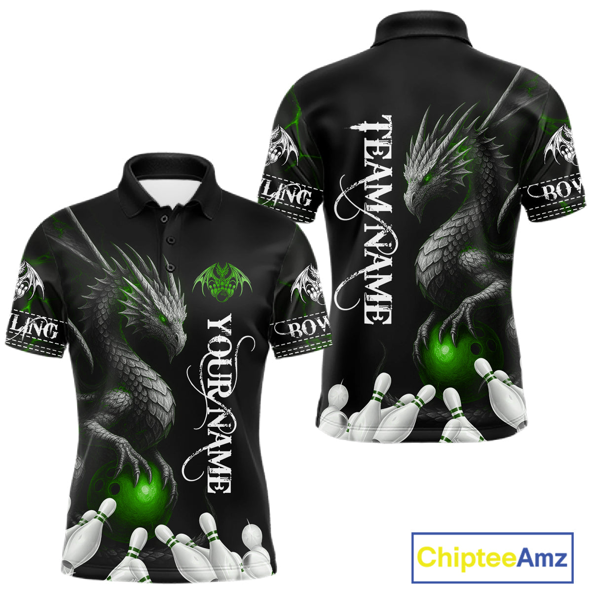 Black And Green Custom Dragon Bowling Polo, 1/4 Zip Shirt For Men, Bowling Team League Jersey TDM7890